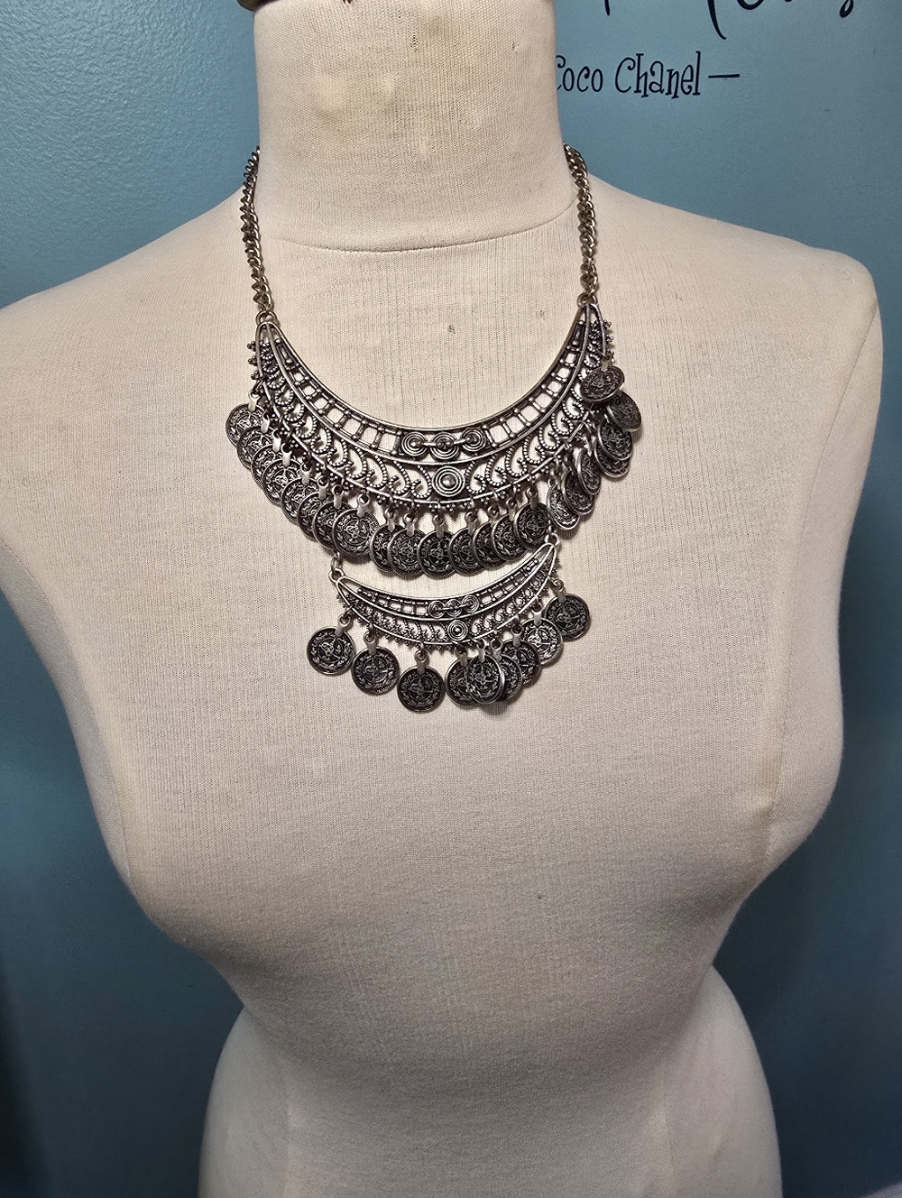 Fun Silver-tone Boho Tiered Coin Necklace